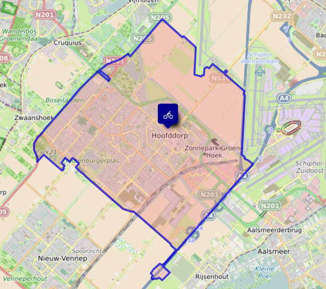 Mobiele fietsenmaker Hoofddorp – kaart van het servicegebied voor reparaties aan huis.